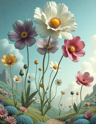 The primary subject of the image is a field of flowers, with a variety of different colored flowers, including pink, white, and yellow. The setting is a lush green field, and the visual style is a digital art or illustration. The colors and mood of the image are vibrant and cheerful, with the flowers creating a sense of beauty and tranquility.